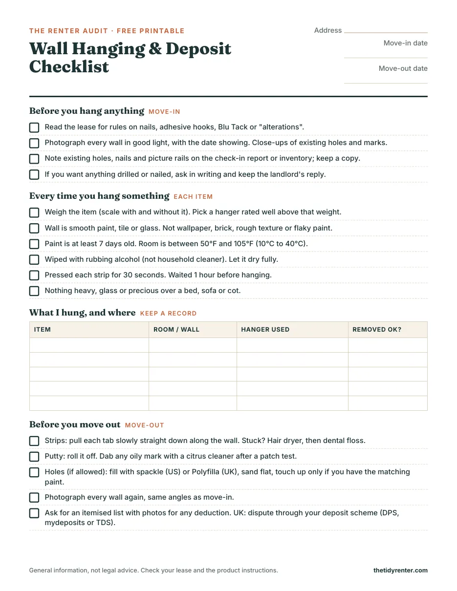 Free printable: wall hanging and deposit checklist for renters